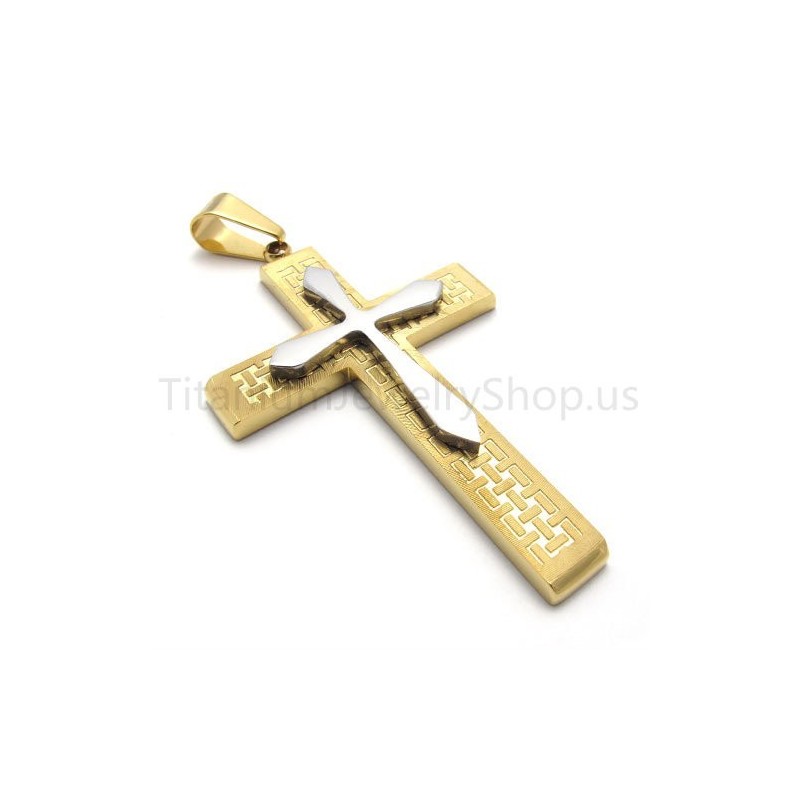 Nouveau Pendentif Croix Dorée En Titane À Deux Couches Nouveau Pendentif Croix Dorée En Titane À Deux Couches