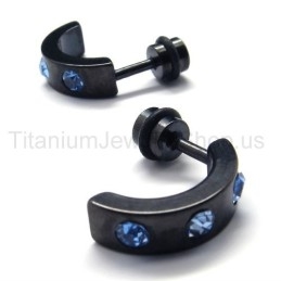 Boucles D'Oreilles En Titane Noir Et Diamants Bleus