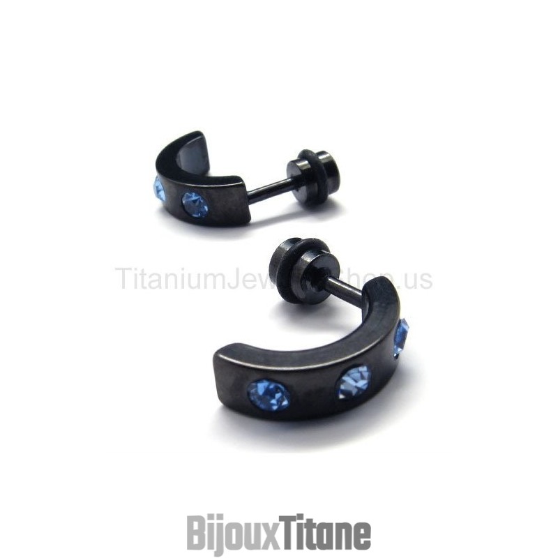 Boucles D'Oreilles En Titane Noir Et Diamants Bleus Boucles D'Oreilles En Titane Noir Et Diamants Bleus