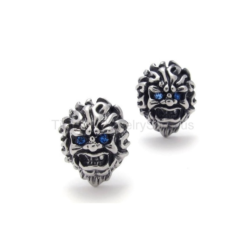 Boucles D'Oreilles Rétro En Titane Avec Lion Aux Yeux Bleus Boucles D'Oreilles Rétro En Titane Avec Lion Aux Yeux Bleus