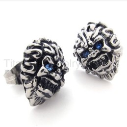 Boucles D'Oreilles Rétro En Titane Avec Lion Aux Yeux Bleus