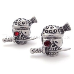 Boucles D'Oreilles En Titane Avec Épée Et Crâne Et Un Œil Rouge