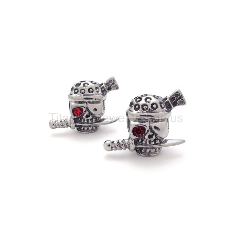 Boucles D'Oreilles En Titane Avec Épée Et Crâne Et Un Œil Rouge