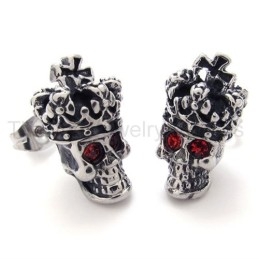 Boucles D'Oreilles En Titane Avec Tête De Mort Et Couronne Aux Yeux Rouges