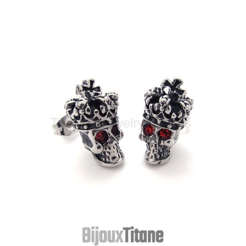 Boucles D'Oreilles En Titane Avec Tête De Mort Et Couronne Aux Yeux Rouges Boucles D'Oreilles En Titane Avec Tête De Mort Et Couronne Aux Yeux Rouges