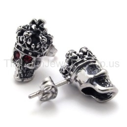 Boucles D'Oreilles En Titane Avec Tête De Mort Et Couronne Aux Yeux Rouges