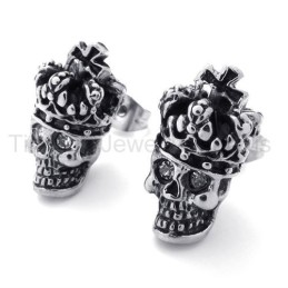 Boucles D'Oreilles En Titane Avec Tête De Mort Et Couronne Aux Yeux Blancs