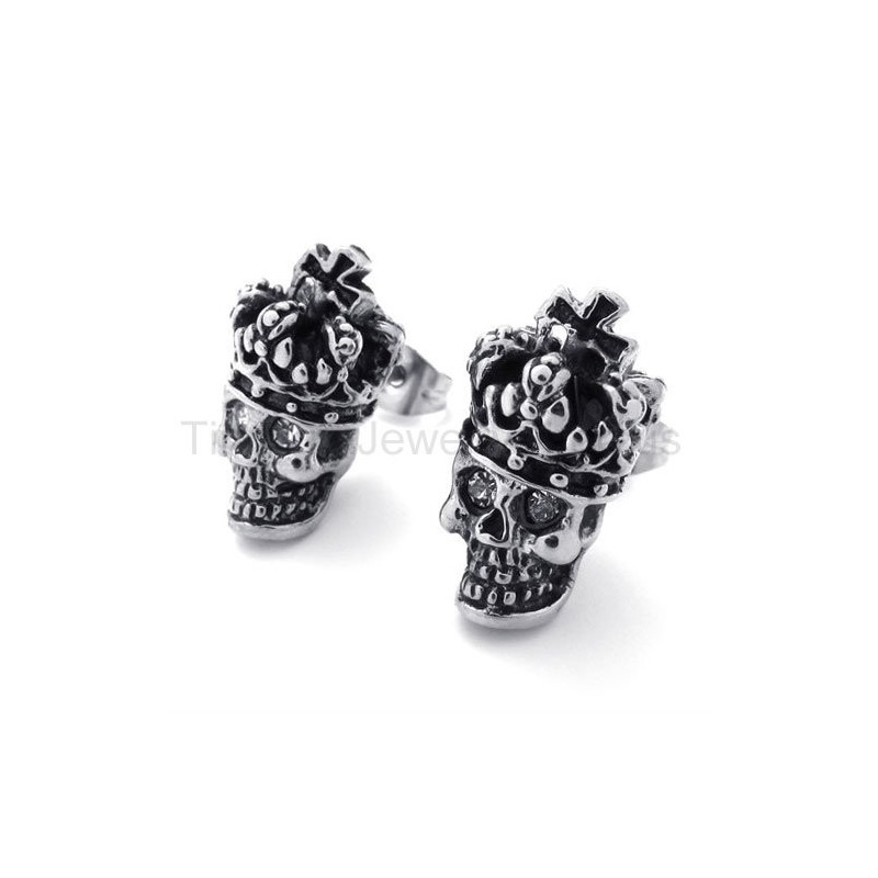 Boucles D'Oreilles En Titane Avec Tête De Mort Et Couronne Aux Yeux Blancs