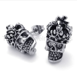 Boucles D'Oreilles En Titane Avec Tête De Mort Et Couronne Aux Yeux Blancs