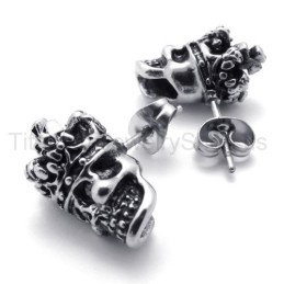 Boucles D'Oreilles En Titane Avec Tête De Mort Et Couronne Aux Yeux Blancs