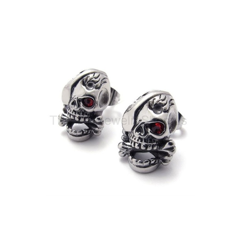 Boucles D'Oreilles En Titane Avec Tête De Mort Et Œil Rouge Boucles D'Oreilles En Titane Avec Tête De Mort Et Œil Rouge