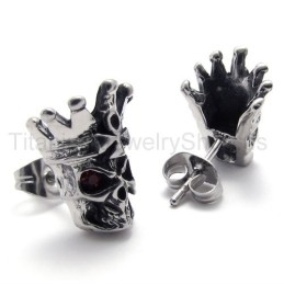 Boucles D'Oreilles En Titane Avec Tête De Mort Aux Yeux Rouges