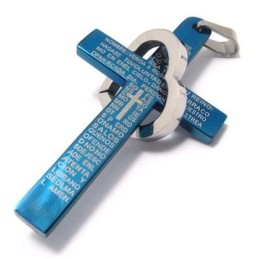Pendentif Bible En Acier Titane Avec Cœur Et Croix (Neuf) Bleu