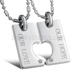 Pendentifs Amoureux En Argent Titane « Notre Espoir Et Notre Amour » Avec Strass Et Chaînes Offertes C602