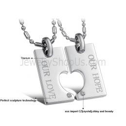 Pendentifs Amoureux En Argent Titane « Notre Espoir Et Notre Amour » Avec Strass Et Chaînes Offertes C602