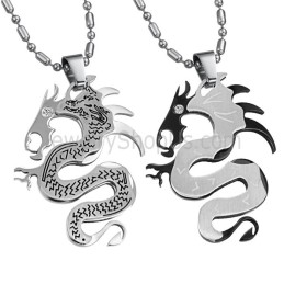 Pendentifs Amoureux Du Dragon Noir Et Argent En Titane Avec Chaînes Gratuites C399