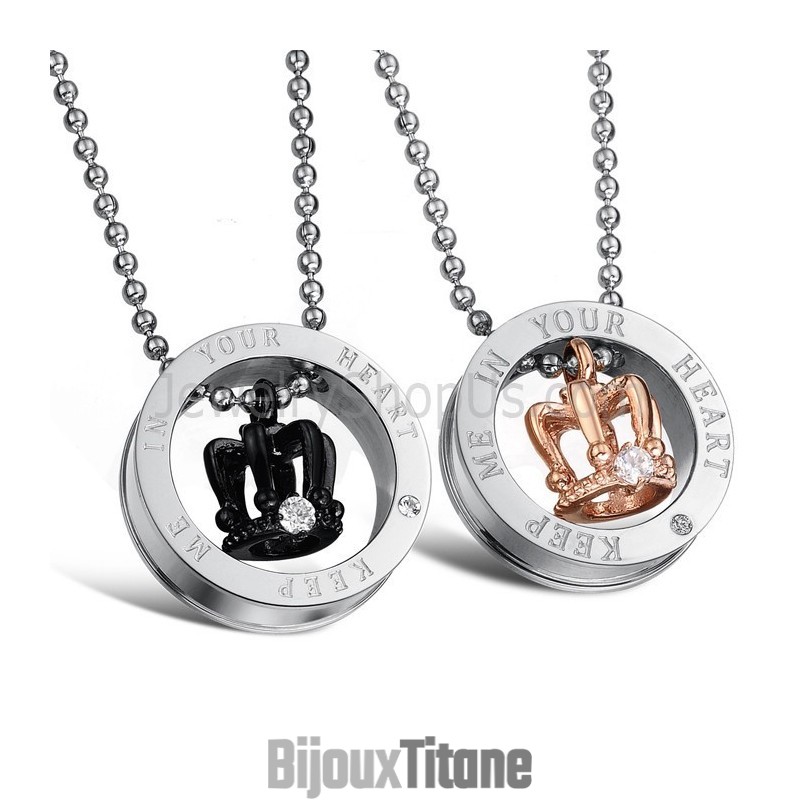 Pendentifs Pour Amoureux « Keep Me In Your Heart » En Titane, Or Rose Et Noir, Avec Strass Et Chaînes Offertes, C603