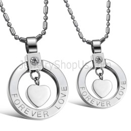 Pendentifs Amoureux « Forever Love » En Argent Titane Avec Strass Et Chaînes Offertes C415