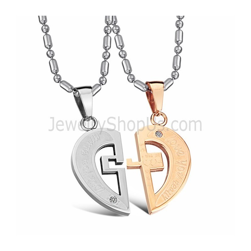 Pendentifs Amoureux En Titane, Or Rose Et Argent, Avec Strass Et Chaînes Offertes C641 Pendentifs Amoureux En Titane, Or Rose Et Argent, Avec Strass Et Chaînes Offertes C641