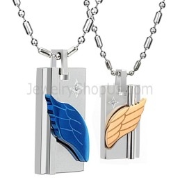 Pendentifs En Titane Bleu Et Or Rose En Forme De Branche D'Ange Avec Strass Et Chaînes Gratuites C387