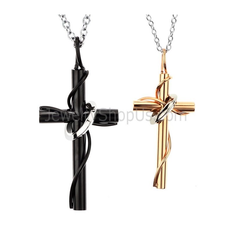 Pendentifs En Titane, Or Rose Et Croix Noire, Avec Chaînes Offertes, C521 Pendentifs En Titane, Or Rose Et Croix Noire, Avec Chaînes Offertes, C521