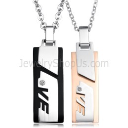 Pendentifs Rectangulaires « Love » En Titane, Or Rose Et Noir, Avec Strass Et Chaînes Offertes C511