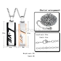Pendentifs Rectangulaires « Love » En Titane, Or Rose Et Noir, Avec Strass Et Chaînes Offertes C511