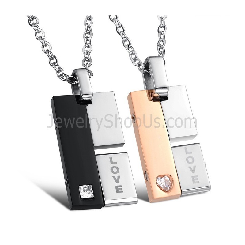 Pendentifs D'Amour Rotatifs En Titane Noir Et Or Rose Avec Strass Et Chaînes Gratuites C605