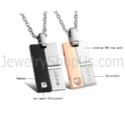 Pendentifs D'Amour Rotatifs En Titane Noir Et Or Rose Avec Strass Et Chaînes Gratuites C605