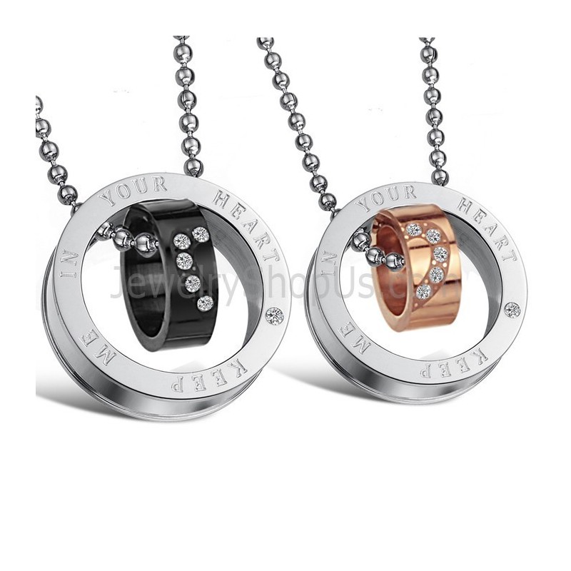 Bagues En Titane, Or Rose Et Noir, Pendentifs « Keep Me In Your Heart » Pour Amoureux, Avec Strass Et Chaînes Offertes C673
