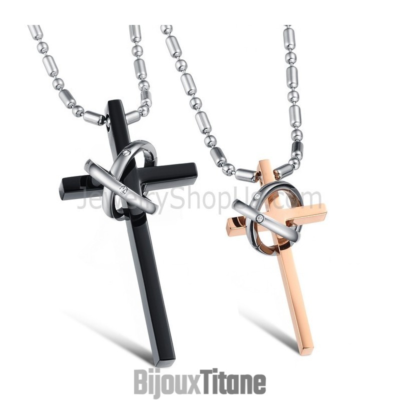 Pendentifs En Titane, Or Rose Et Croix Noire, Avec Strass Et Chaînes Offertes C724 Pendentifs En Titane, Or Rose Et Croix Noire, Avec Strass Et Chaînes Offertes C724