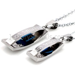 Pendentifs Amoureux « Amour Éternel » Bleu Titane Avec Strass Et Chaînes Offertes C478