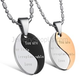 Pendentifs D'Amoureux En Titane Noir Et Or Rose « You Are My Life Irreplaceable Love » Avec Chaînes Offertes C628