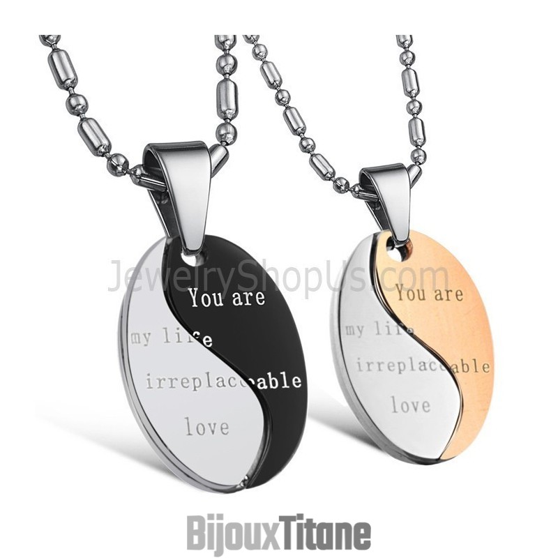 Pendentifs D'Amoureux En Titane Noir Et Or Rose « You Are My Life Irreplaceable Love » Avec Chaînes Offertes C628