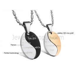 Pendentifs D'Amoureux En Titane Noir Et Or Rose « You Are My Life Irreplaceable Love » Avec Chaînes Offertes C628