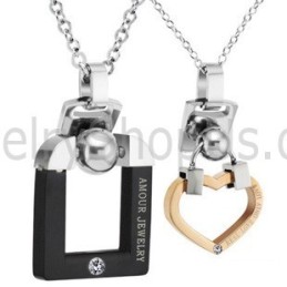 Pendentifs Amoureux En Titane Noir Et Or Rose Avec Strass Et Chaînes Offertes C507