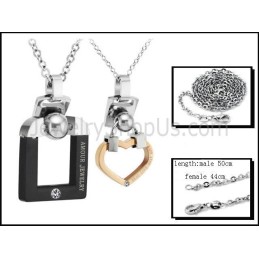 Pendentifs Amoureux En Titane Noir Et Or Rose Avec Strass Et Chaînes Offertes C507