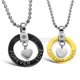 Pendentifs Amoureux « Forever Love » En Titane Noir Et Or Avec Strass Et Chaînes Offertes 280