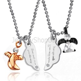 Pendentifs Amoureux En Titane Noir Et Or Rose Avec Strass Et Chaînes Offertes C739