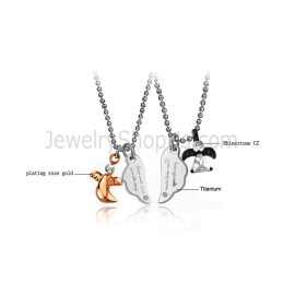 Pendentifs Amoureux En Titane Noir Et Or Rose Avec Strass Et Chaînes Offertes C739