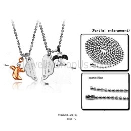 Pendentifs Amoureux En Titane Noir Et Or Rose Avec Strass Et Chaînes Offertes C739