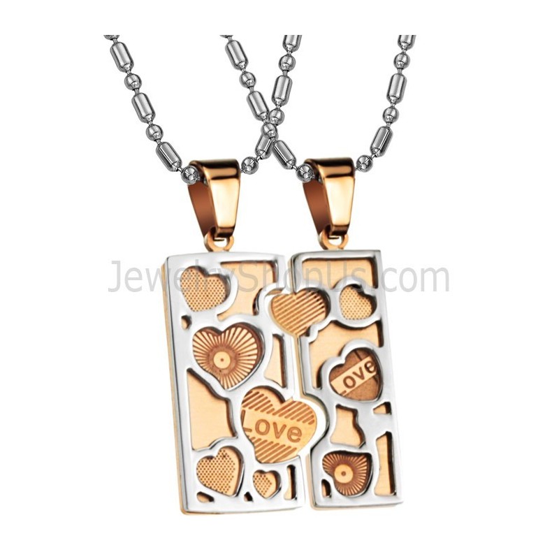 Pendentifs En Titane Et Or Rose Avec Chaîne « Love Jigsaw Lovers » C733