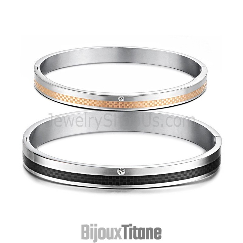 Bracelets Couple En Or Rose Et Grille Noire Avec Strass C746