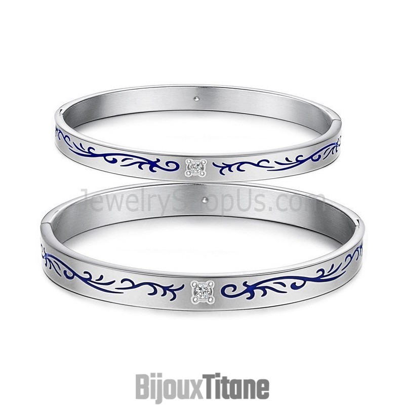 Bracelets Couple Tatanium Avec Fleurs Bleues C858 Bracelets Couple Tatanium Avec Fleurs Bleues C858