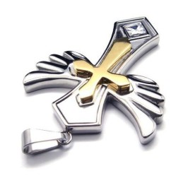 Pendentif Croix Dorée En Acier Titane Avec Aile D'Angle Et Chaîne Gratuite
