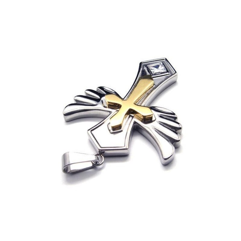 Pendentif Croix Dorée En Acier Titane Avec Aile D'Angle Et Chaîne Gratuite
