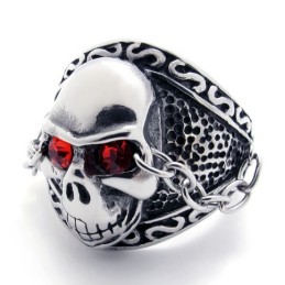 Bague En Titane Avec Tête De Mort Et Diamant Rouge
