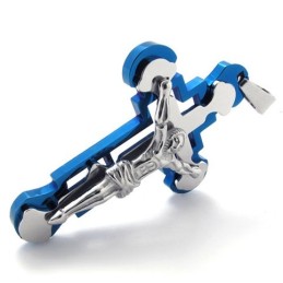 Pendentif Croix Jésus En Titane Bleu