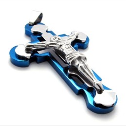 Pendentif Croix Jésus En Titane Bleu