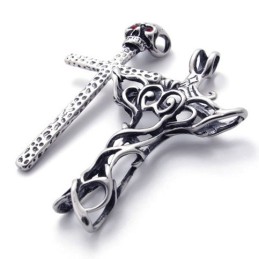 Pendentif En Titane Avec Tête De Mort En Croix Et Diamant Rouge